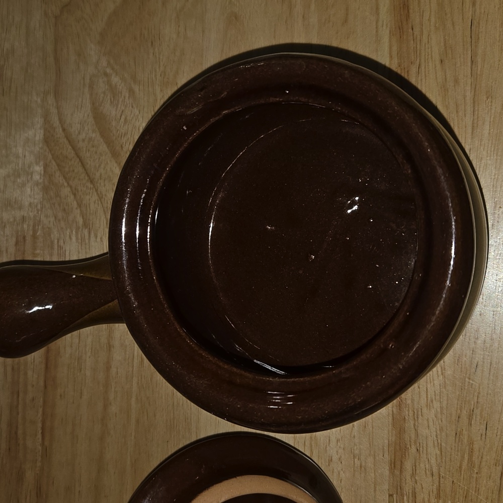 Antique Brown and Cream Ceramic Soup Bowl with Handle - Picture 7 of 9